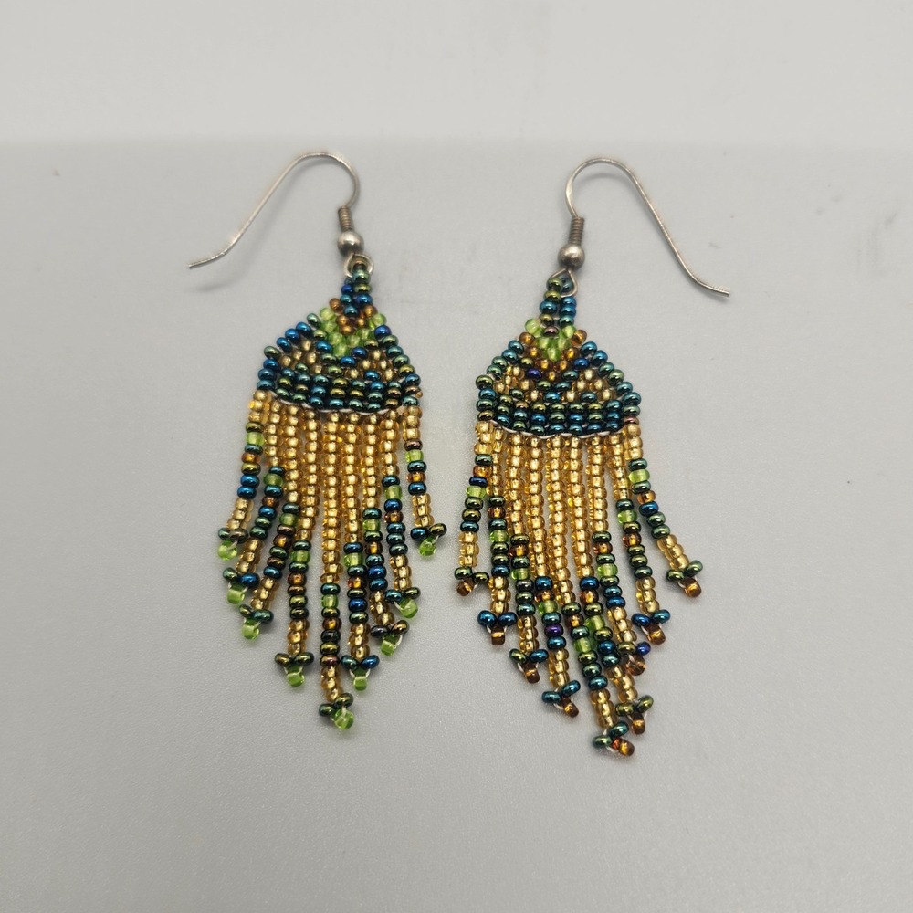Artisan Seed Bead Earrings Dangle Fringe Southwest Tribal